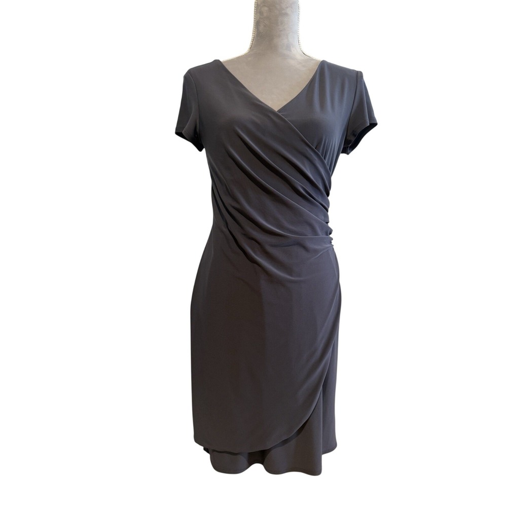 41 Hawthorne Sz MED Gray Ruched Cinch Waist Sheath Career Dress‎ Faux Wrap